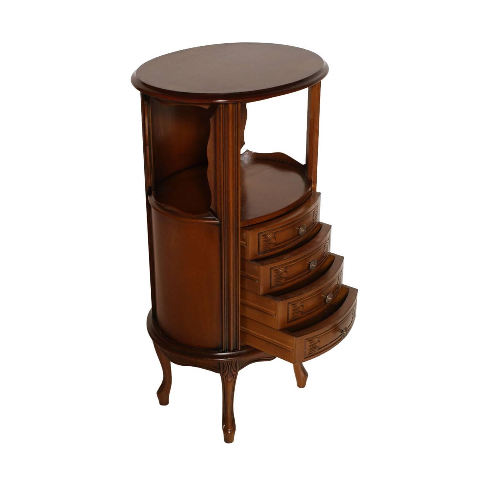 Period 1920s Art Nouveau style Italian oval Lombard cabinet with 4 drowers or nightstand in walnut, Bassano' Ebanistery. Restored and  Polished to wax

Measure cm: H 90 x W 50 x D 40.