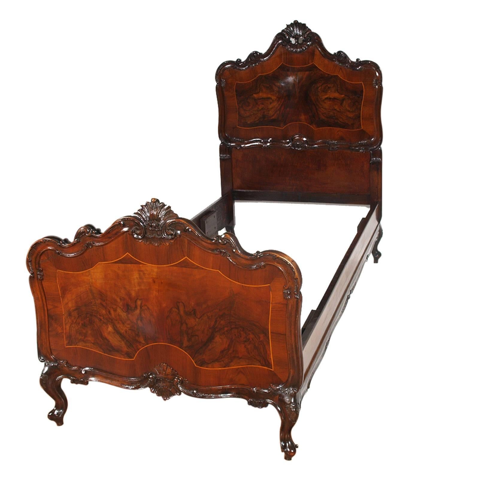 Exceptional Venetian Baroque two single beds, in hand-carved walnut and burl walnut fillet inlay of the period 1920s, by Testolini-Salviati ; only we just polished it with wax.
Measure cm: H 132\84, W 93, D 205 int. 190 x 80.

