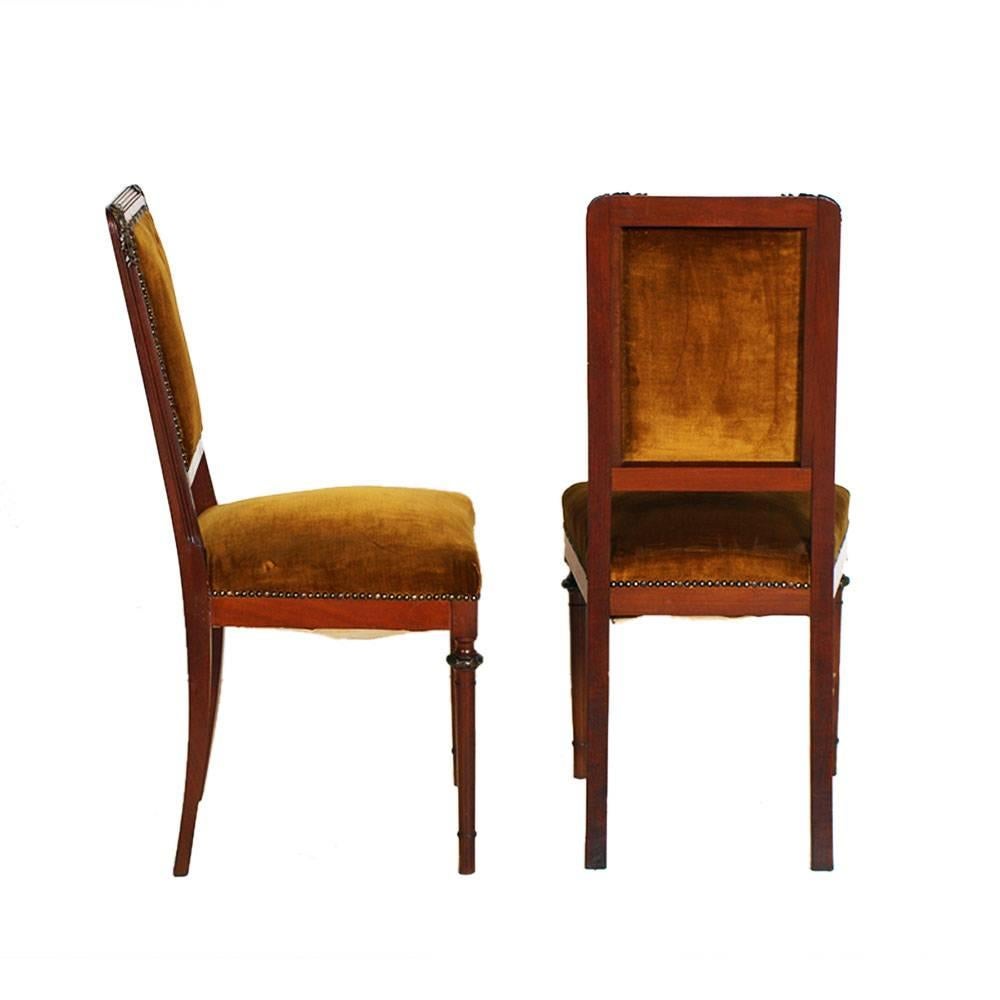 Original antique Eugenio Quarti attributed , side chairs in walnut, velvet upholstered with bronze decorations.
Polished to wax. Original velvet still in good and usable condition
Measure cm: H 93 x W 45 x D 45.

About Eugenio Quarti
Eugenio Quarti