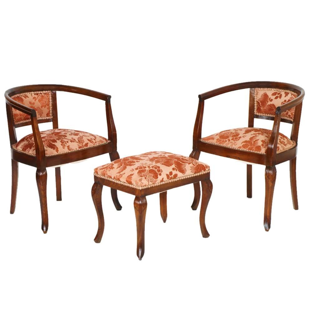1900s Italy Pair of Bedroom Armchairs Art Nouveau with Stool Hand-Carved Walnut For Sale