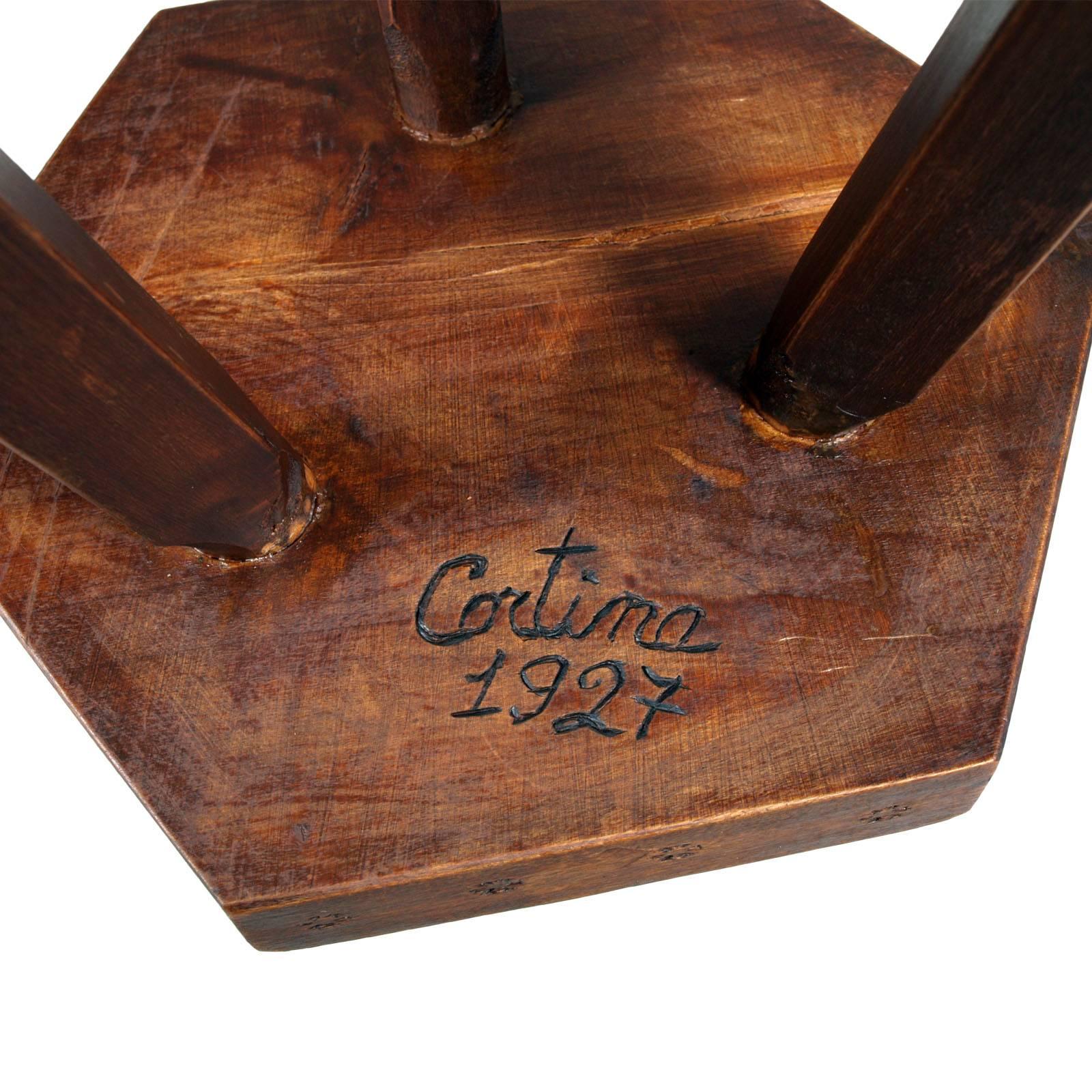 20th Century Italian 1927 characteristic Country Stool from Cortina, widely Hand-Carved Wood
