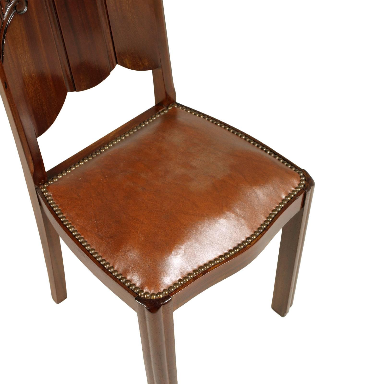 Hand-Carved Early 20th Century French Art Nouveau Carved Mahogany Chair, Leatherette Seat For Sale