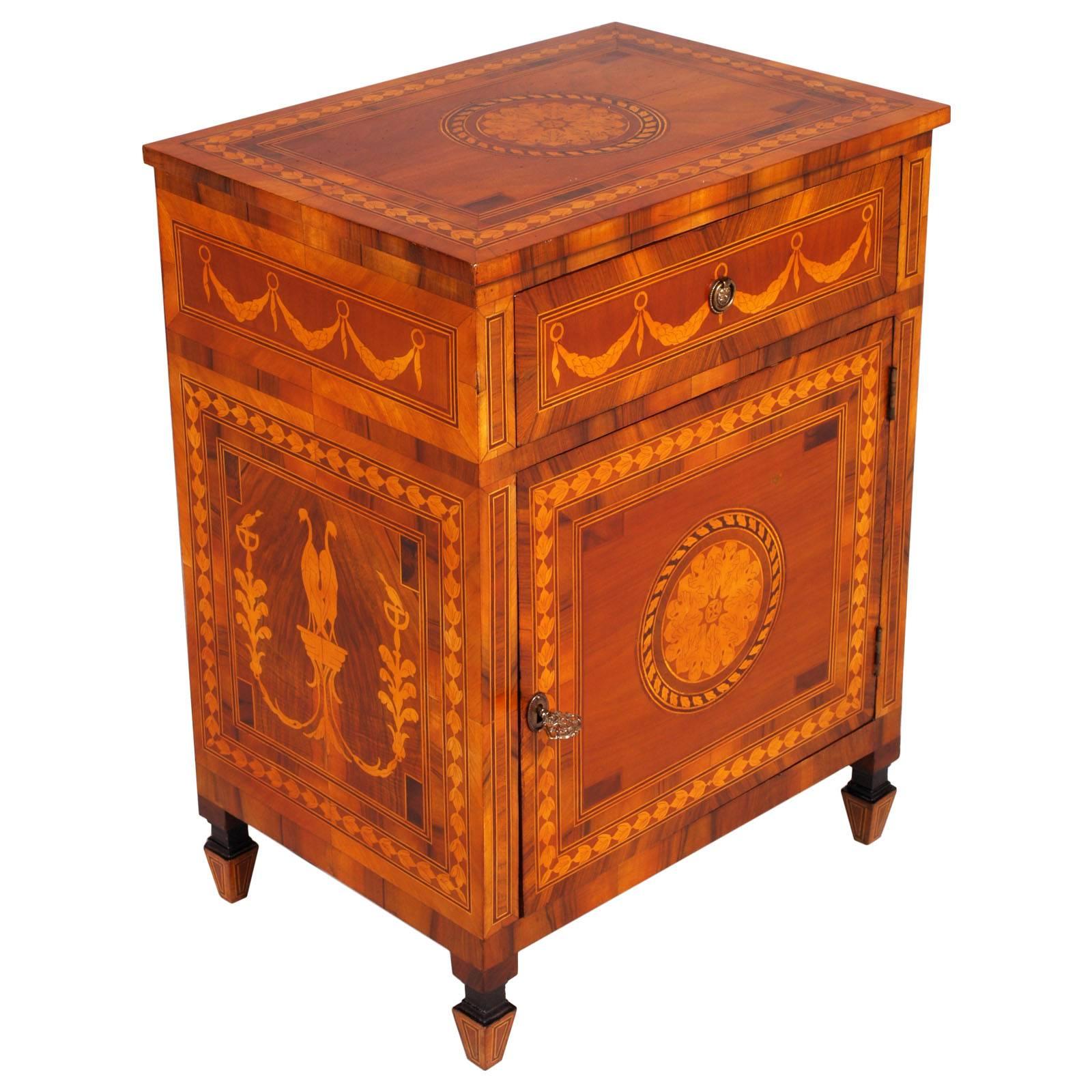 19th century neoclassic Lombard bedside tables, cabinets, Maggiolini style, restored and polished to wax. 
Cabinet richly hand-inlaid with classic geometric designs with walnut and maple wood
Rare unavailable furniture of this kind

Measures cm: