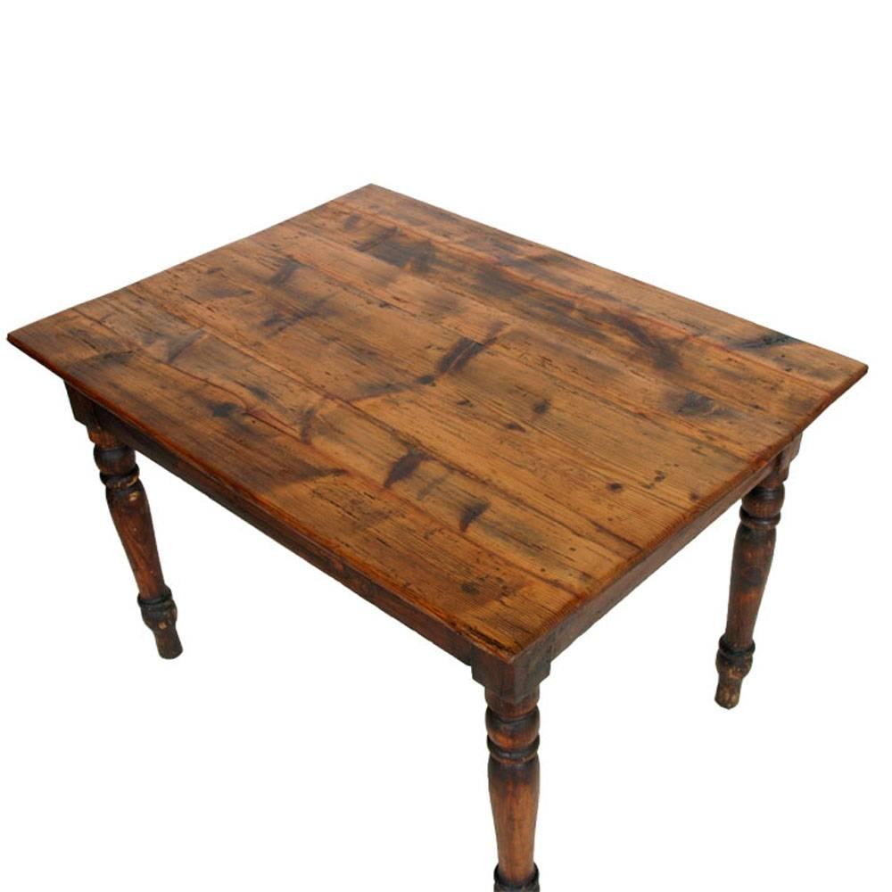 A rustic 19th century larch of dolomiten farm table from Italy. There are four turned legs supporting an incredible scrub pine top. Beautiful Italian pine furniture, circa 1850s.
Restored polished to wax.

Measure cm: H 82, W 120, D 88.