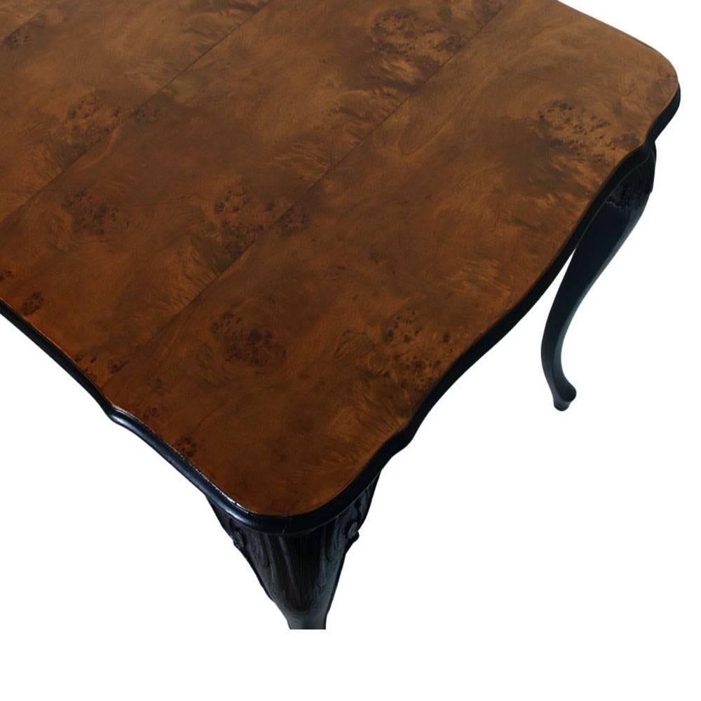 Italian 1910s Venetian Baroque Table Ebonized Hand-Carved Walnut, Top in Burl Walnut For Sale