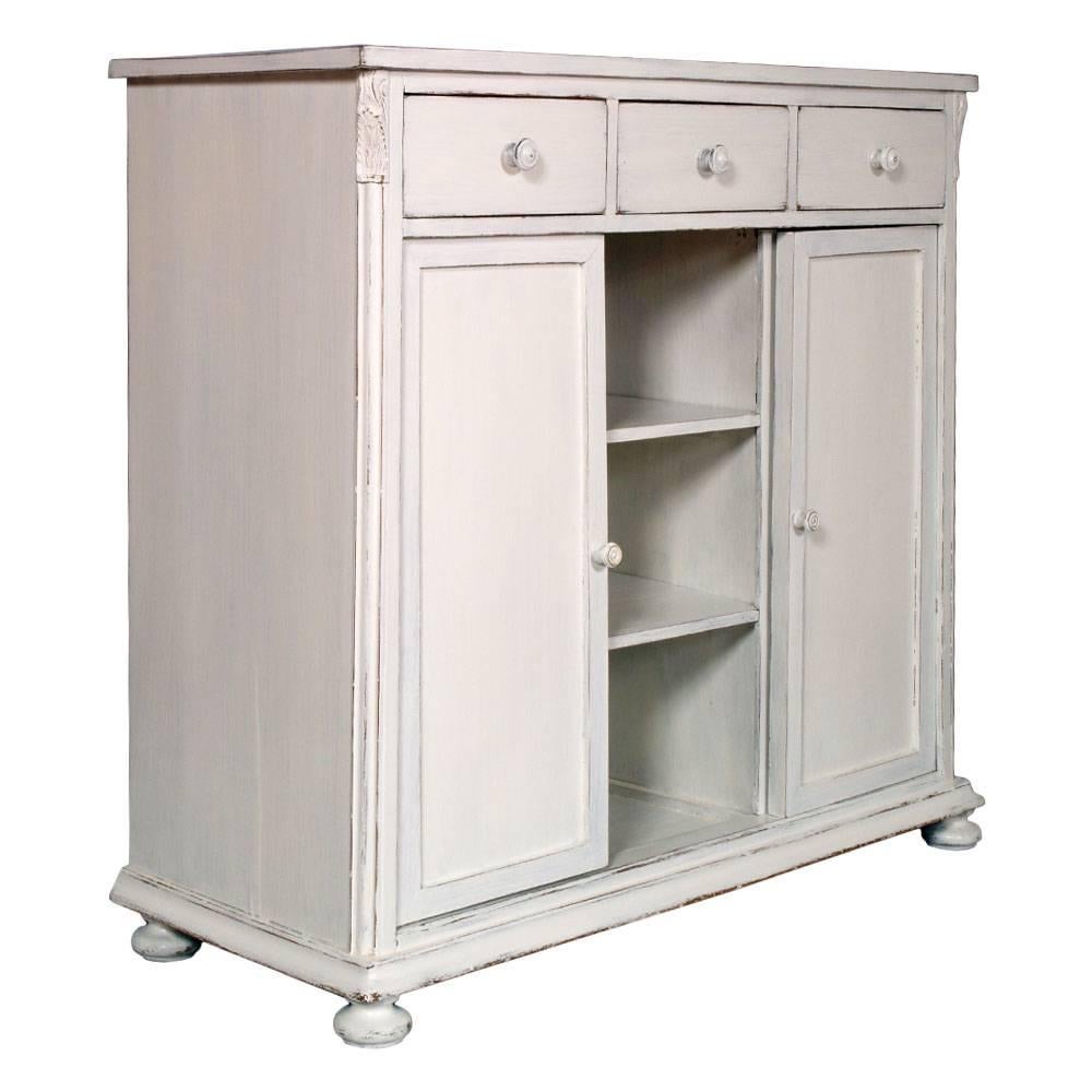 Antique country shabby grey painted cabinet in walnut and pine wood, three drawers, three exposed shelves, two closed spaces divided with shelf

Measures cm: H 111, W 122, D 48.