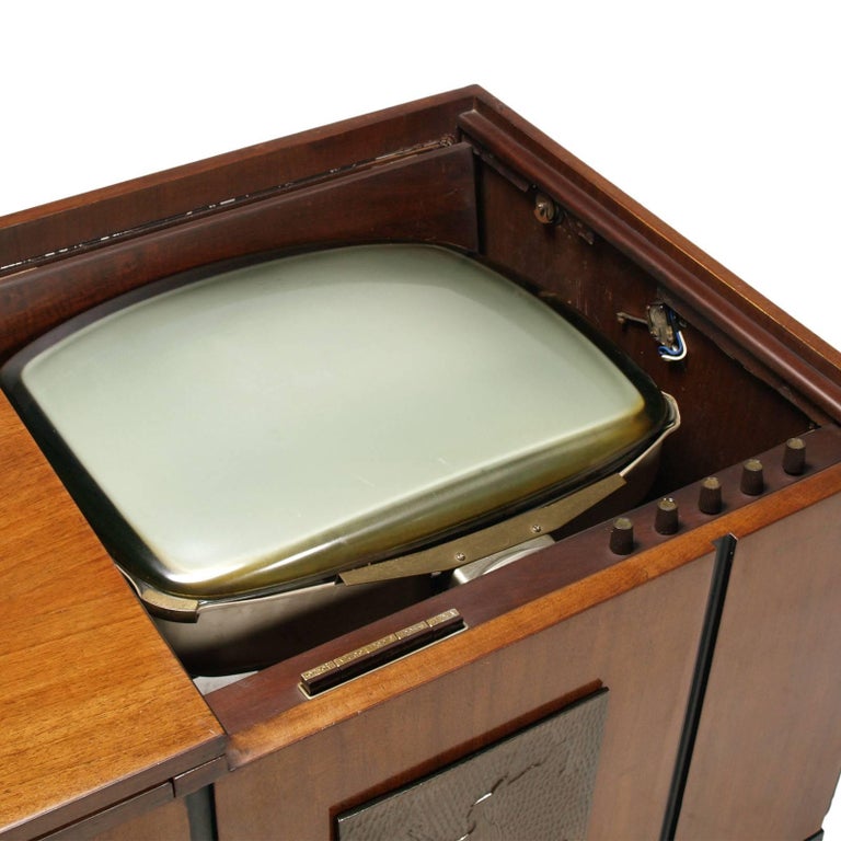 Appliqué 1960s Music Radio TV Record Player Cabinet, Mahogany, Osvaldo Borsani attributed For Sale