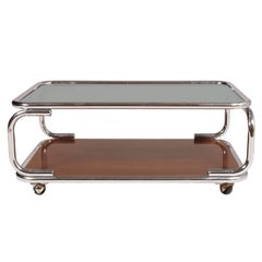 1960s Chrome Serving Trolley Coffee Table Smoked Glass Top & Faux Laminated Wood