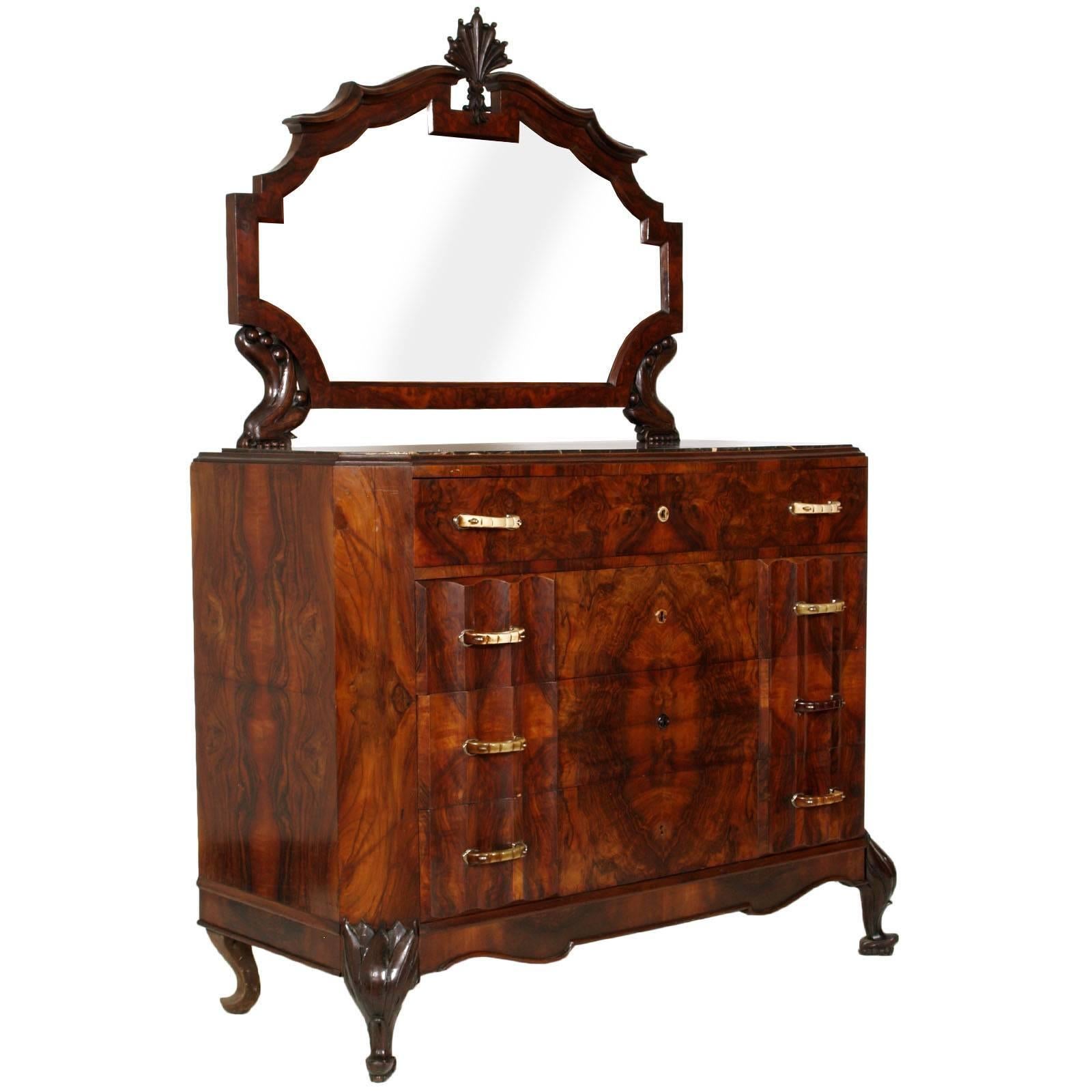 1910s Art Nouveau Dresser Carved Walnut Burl Walnut by Testolini Salviati Venice For Sale