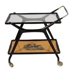 Italy Midcentury Mahogany Serving Bar Cart by Cesare Lacca