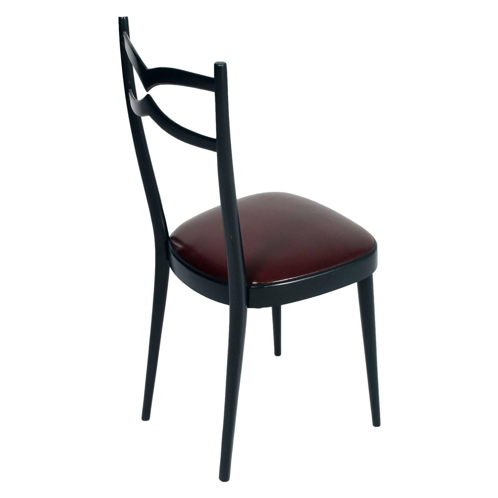 1940s Side Chairs Carlo di Carli Attributed Black Lacquered Walnut, Leatherete 1
