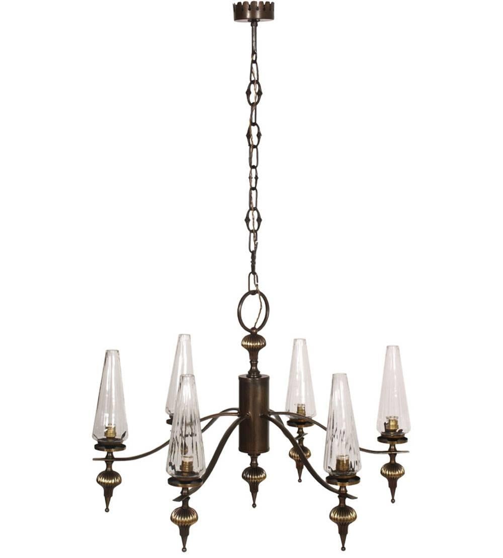 Midcentury Art Deco six-light chandelier in burnished brass and Murano blown glass 
Electrical system redone and working

Measures cm: Height 95, diameter 60.