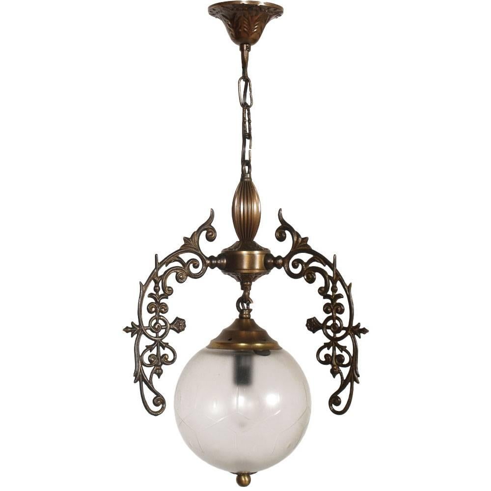 Art Nouveau Bronze and Brass Chandelier with Spherical Opaline Lamp Murano Glass