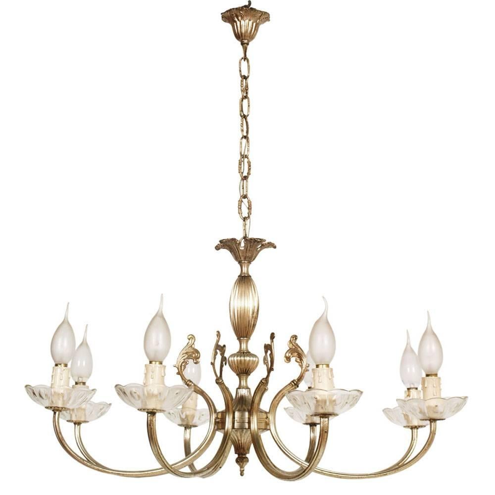 Very elegant 1950s Venice midcentury Art Nouveau eight lights chandelier in silvered brass 
Electrical system redone and working

Measure cm: Height 80, diameter 65.
