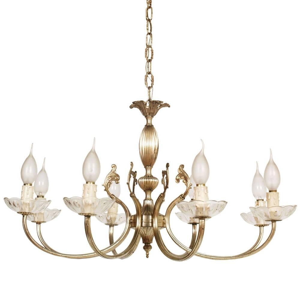 Venice Midcentury Italy Art Nouveau Eight Lights Chandelier in Silvered Brass