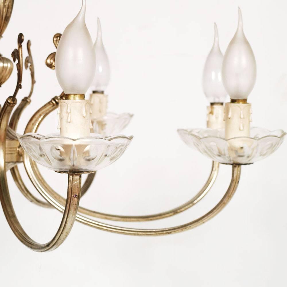 Venice Midcentury Italy Art Nouveau Eight Lights Chandelier in Silvered Brass In Excellent Condition For Sale In Vigonza, Padua