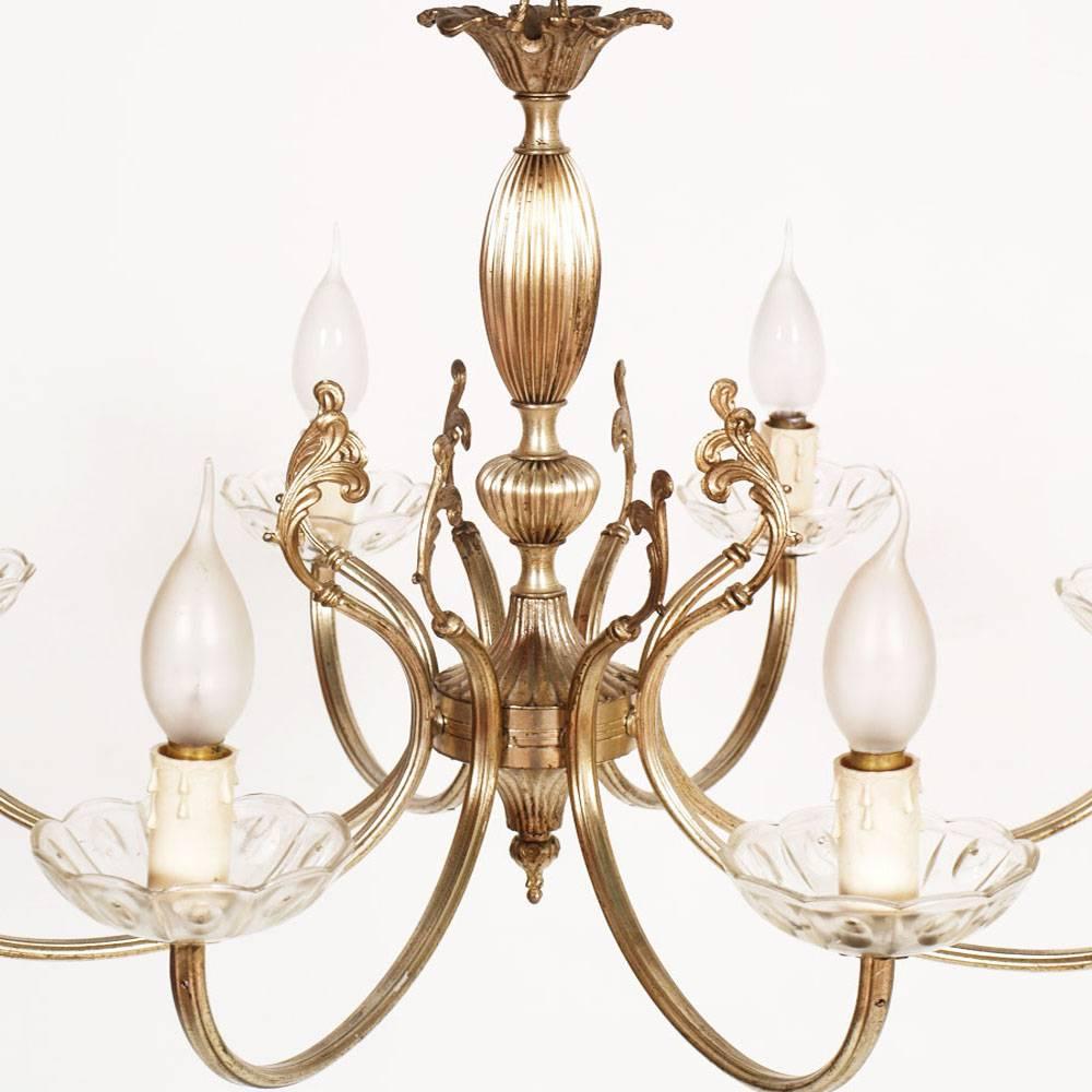 Italian Venice Midcentury Italy Art Nouveau Eight Lights Chandelier in Silvered Brass For Sale