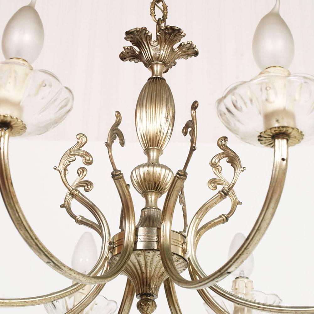 20th Century Venice Midcentury Italy Art Nouveau Eight Lights Chandelier in Silvered Brass For Sale