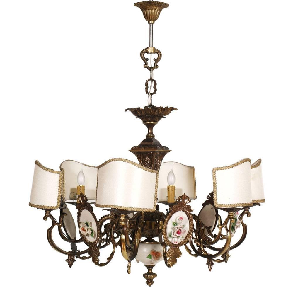 Art Nouveau Italy Six Lights Chandelier in Burnished Brass and Bassano Ceramic
