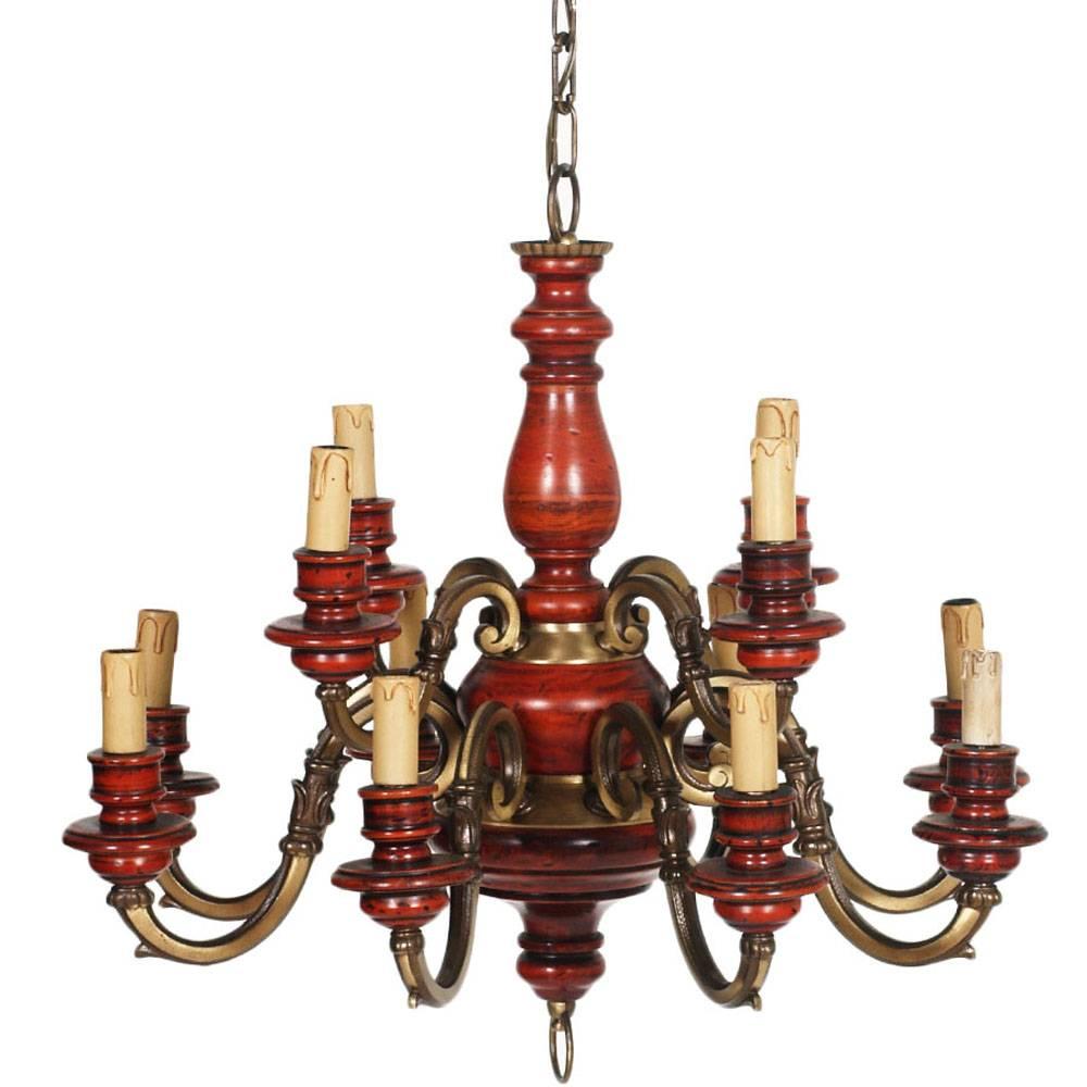 Lampadario rinascimentale Florence a dodici luci, bronzo, legno laccato rosso