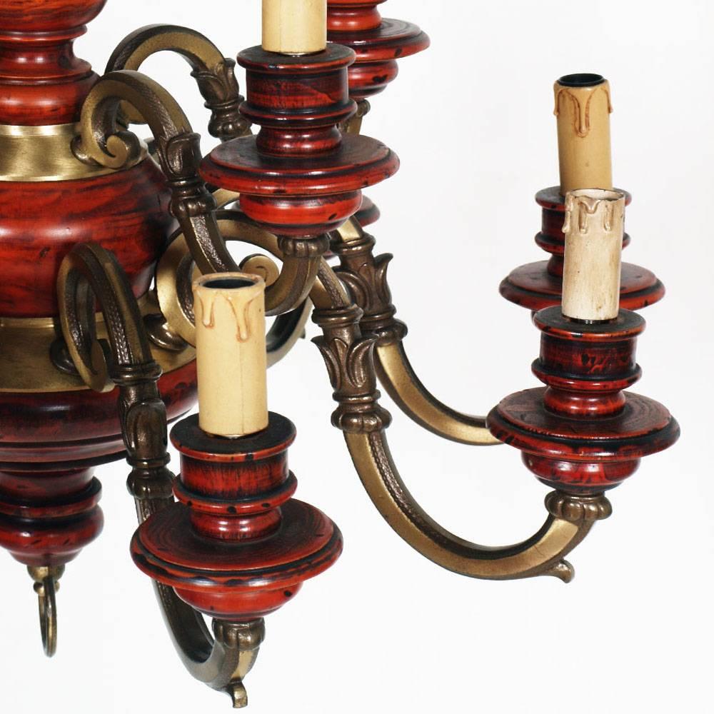 Burnished Florence Renaissance Chandelier with Twelve Lights, Bronze, Red Lacquered Wood  For Sale