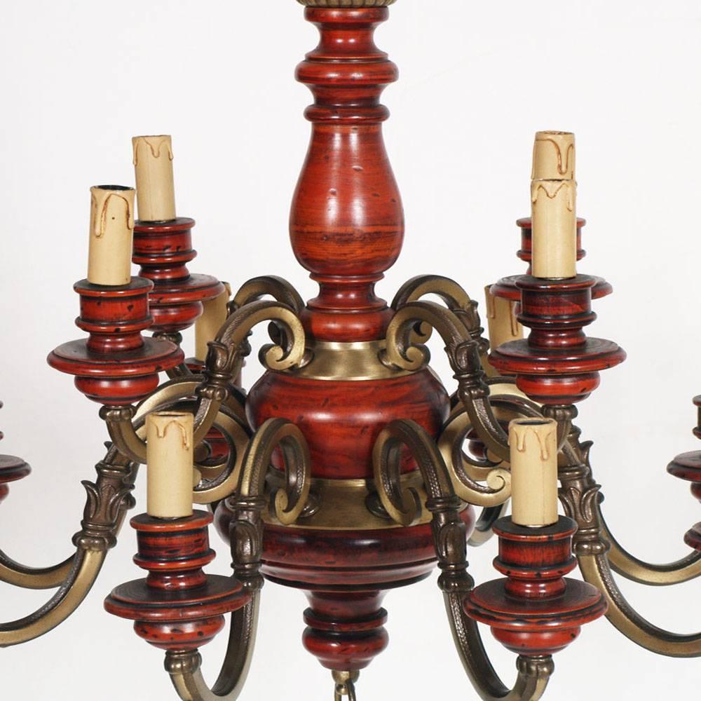 Renaissance Revival Florence Renaissance Chandelier with Twelve Lights, Bronze, Red Lacquered Wood  For Sale