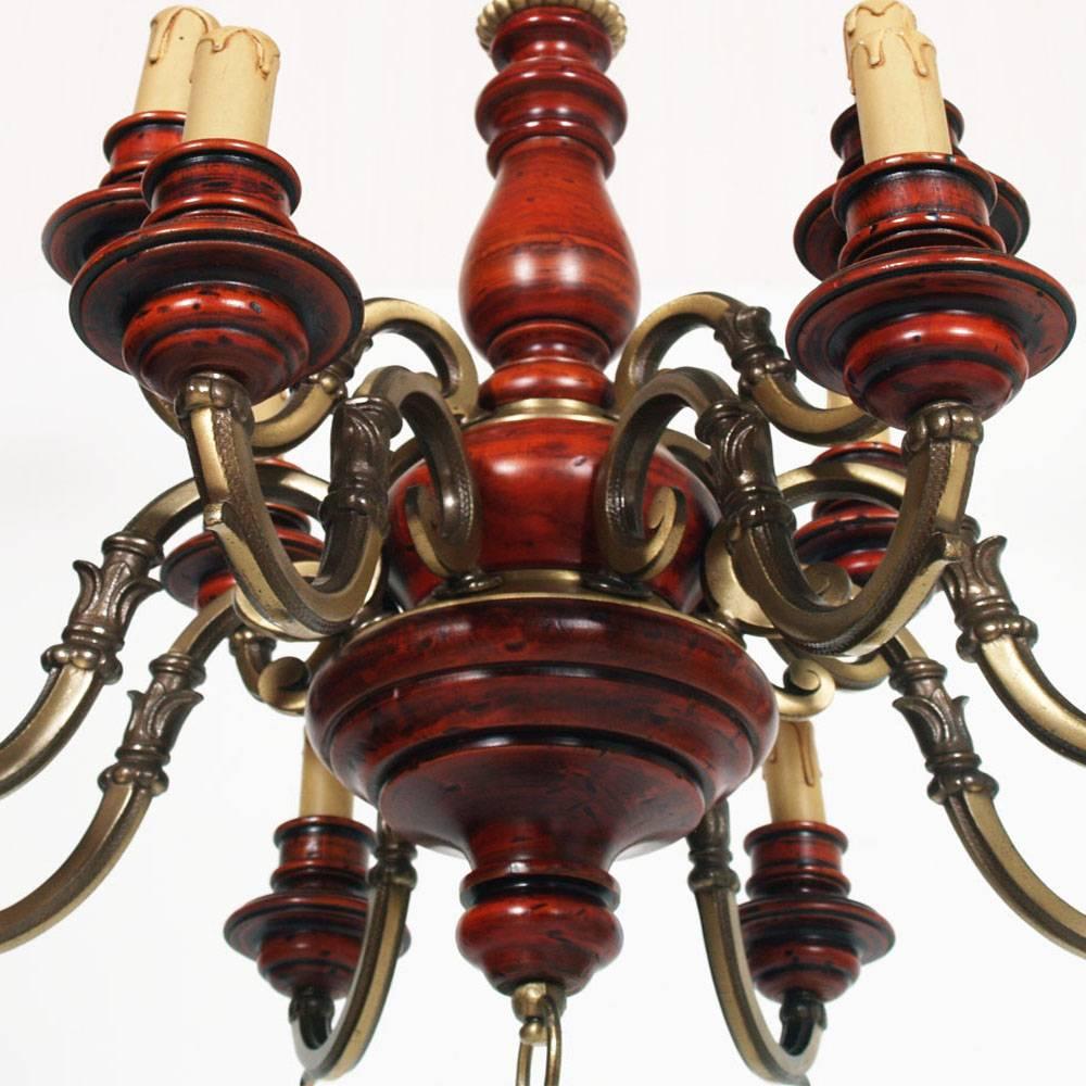 Italian Florence Renaissance Chandelier with Twelve Lights, Bronze, Red Lacquered Wood  For Sale