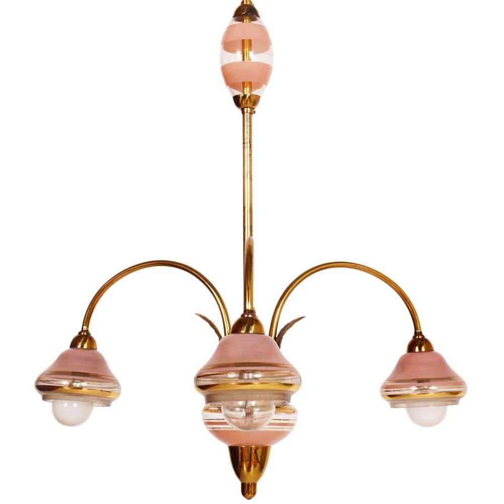 Mid-Century Modern Art Deco Three Lights Chandelier Gilt Brass and Murano Glass