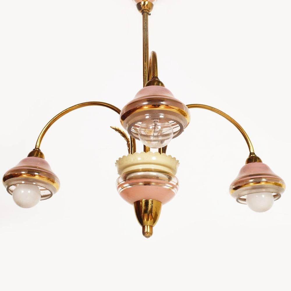 Italian Mid-Century Modern Art Deco Three Lights Chandelier Gilt Brass and Murano Glass