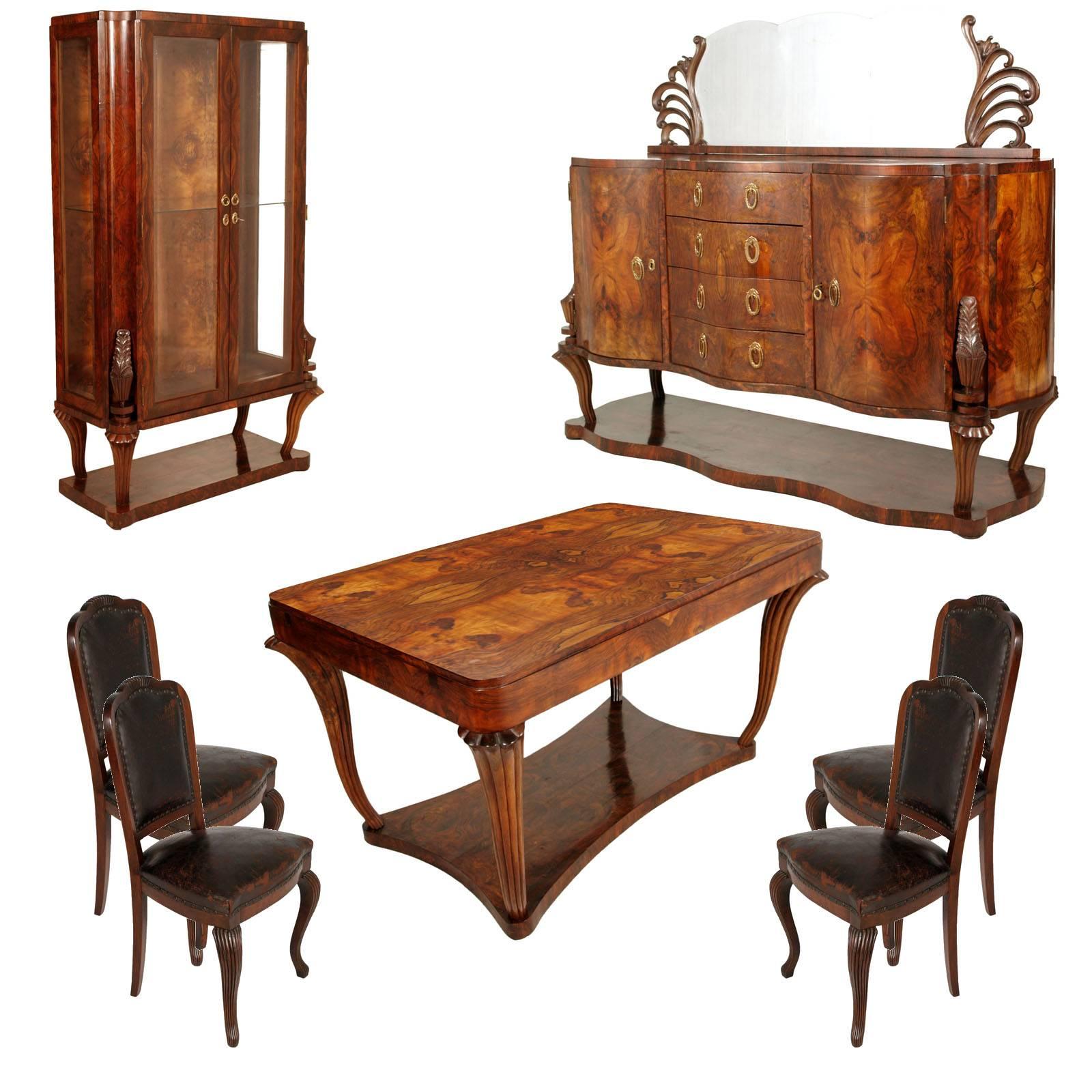 1920er Jahre Art Deco Esszimmer-Set, Tischstühle Sideboard, Venedig Barock, Nussbaum im Angebot