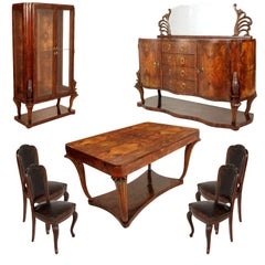 Retro 1920s Art Deco Dining Room Set, Table Chairs Sideboard, Venice Baroque, walnut