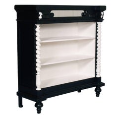 1900s Ebonized Neoclassic Bookcase in Carved Walnut Hand Lacquered Wax Polished