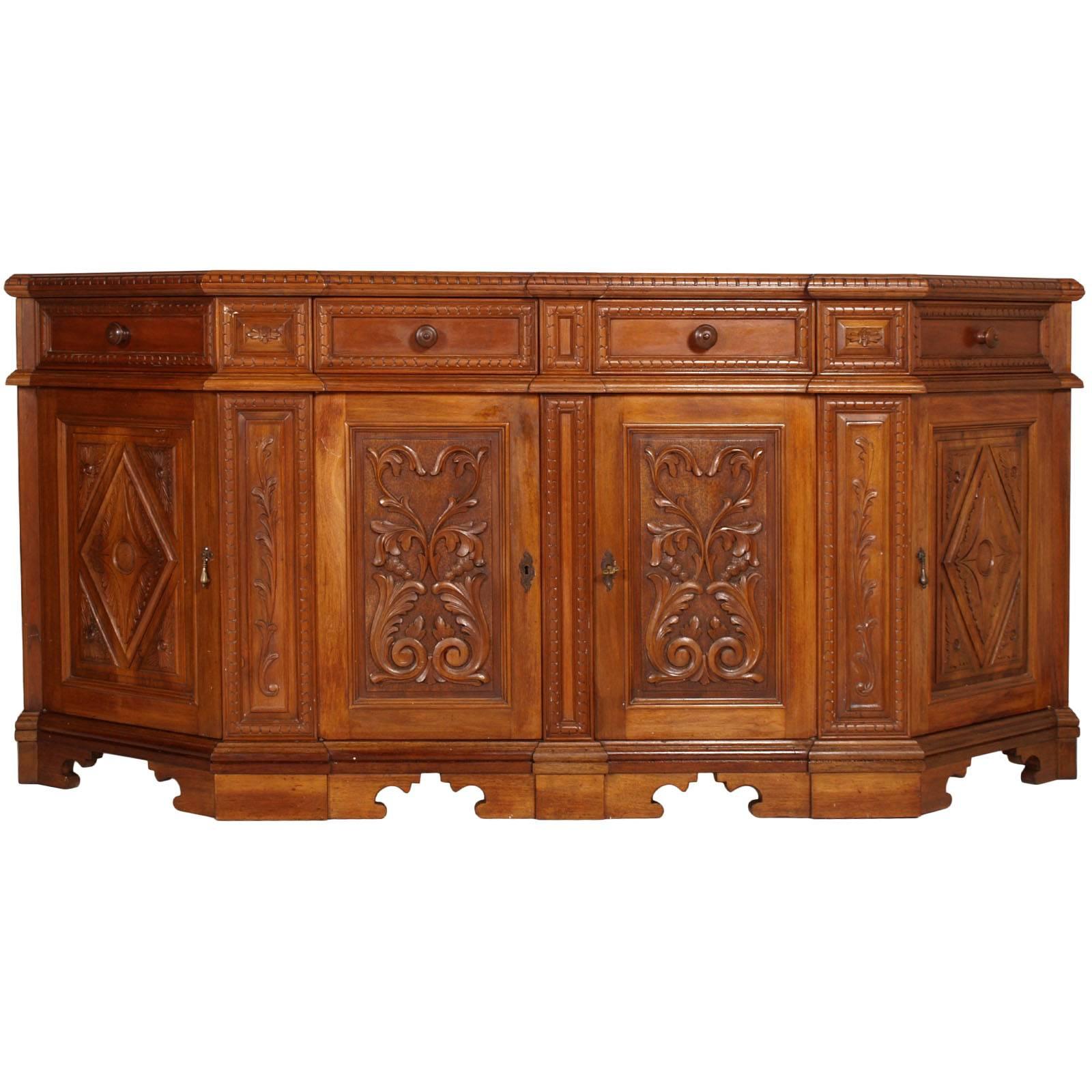 1930s Antique Renaissance Italy Tuscan Credenza Carved Blond Walnut Wax Polished