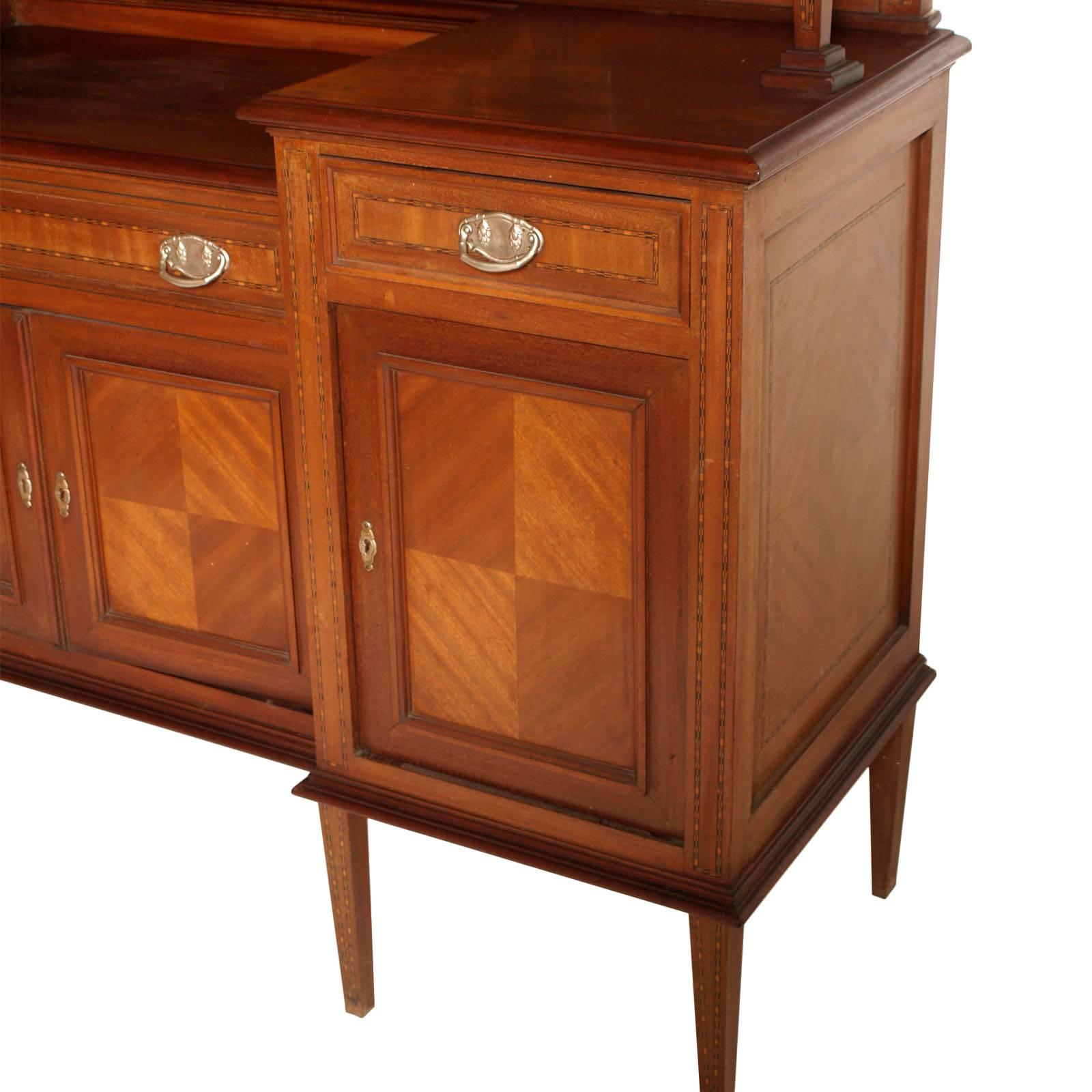 Beveled Early 20th Century Credenza Sideboard Belle Epoque, Walnut, Mahogany Maple Inlay For Sale