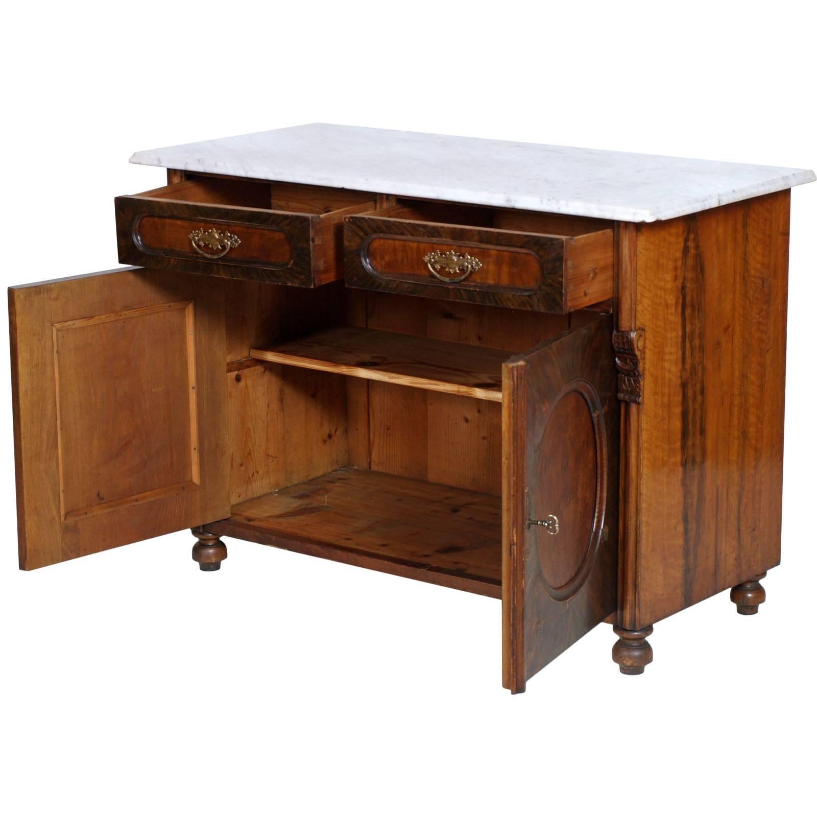 Mid-19th Century Italian Biedermeier Cabinet, Carrara Marble Top Wax Finished In Good Condition For Sale In Vigonza, Padua