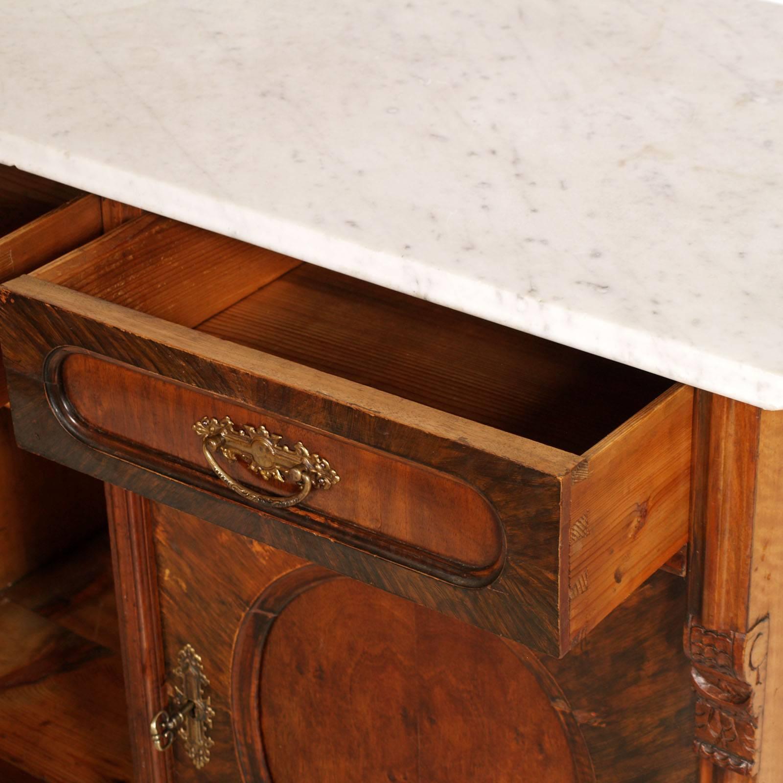 Mid-19th Century Italian Biedermeier Cabinet, Carrara Marble Top Wax Finished For Sale 1