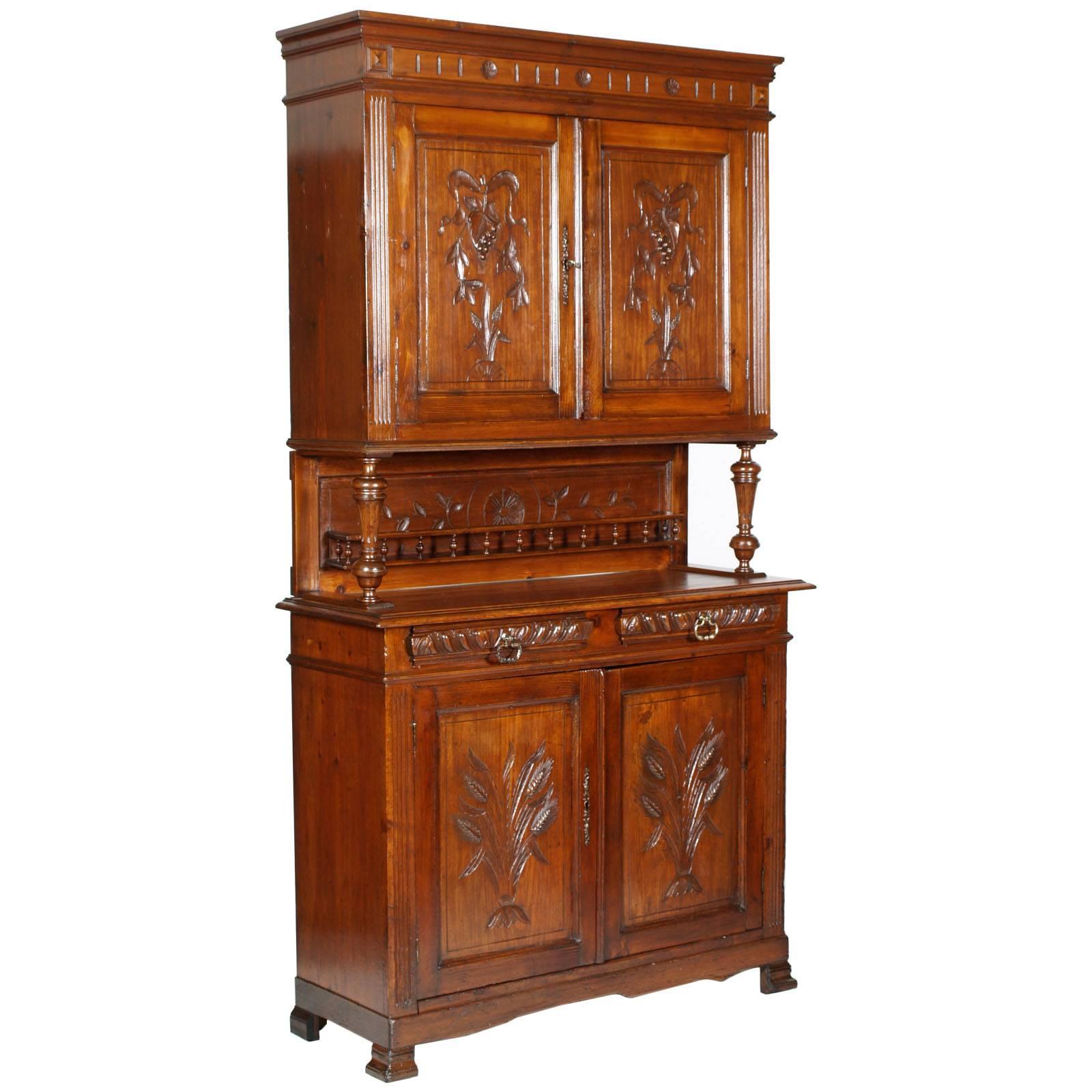 Art Nouveau Provencal Hand-Carved Solid Wood Sideboard Restored and Wax Polished