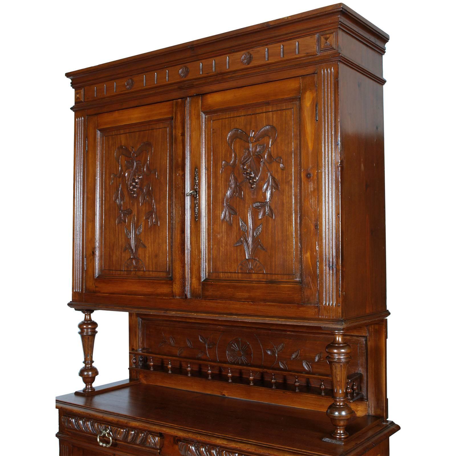French Art Nouveau Provencal Hand-Carved Solid Wood Sideboard Restored and Wax Polished For Sale