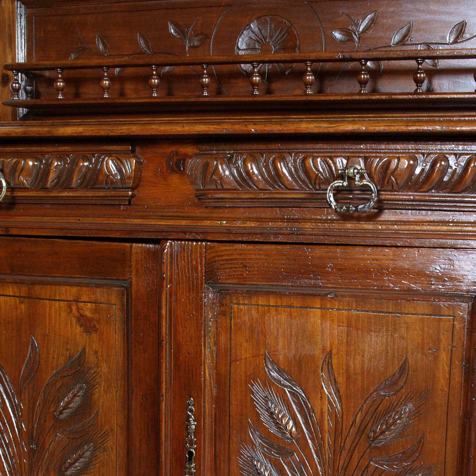 19th Century Art Nouveau Provencal Hand-Carved Solid Wood Sideboard Restored and Wax Polished For Sale