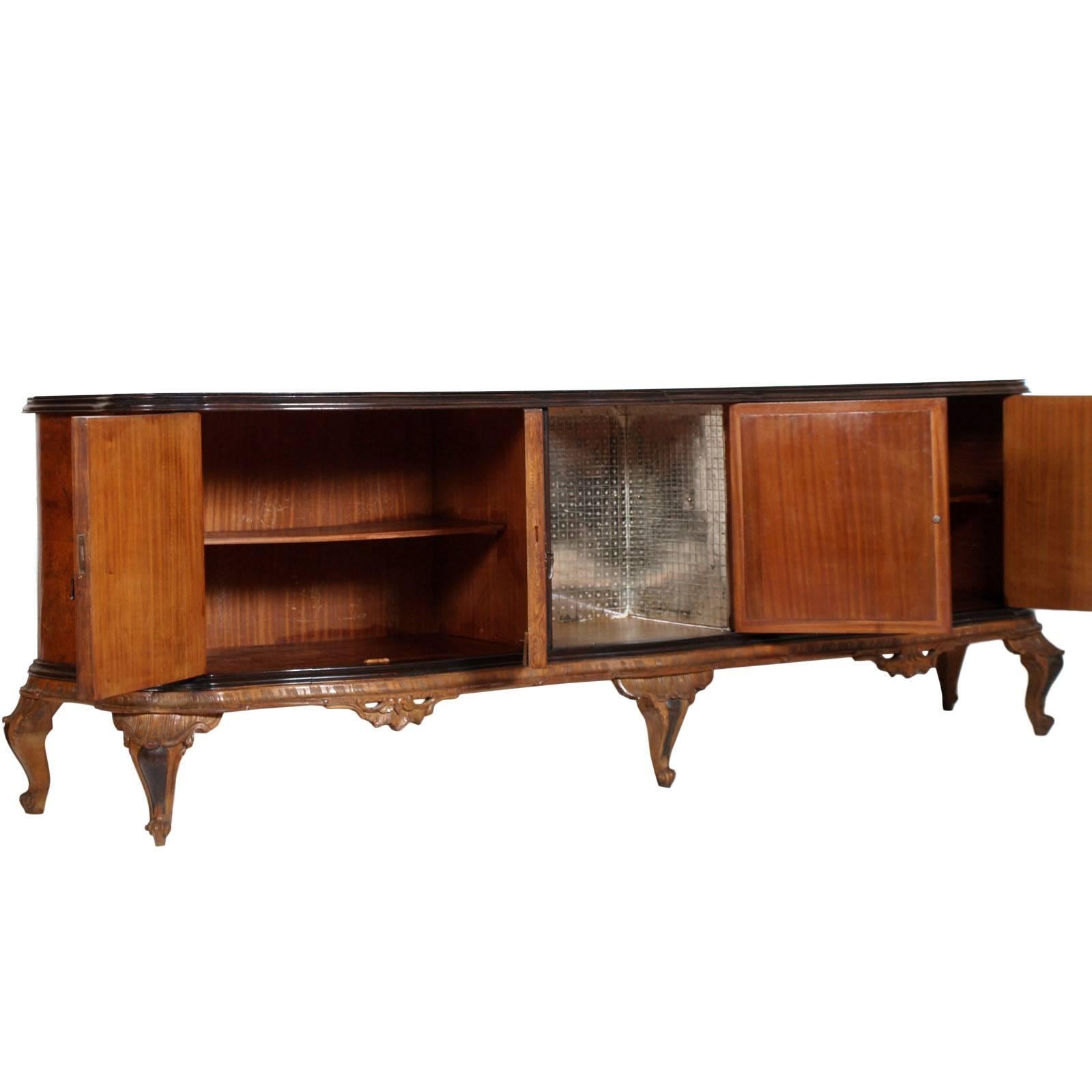 Burl Large Venetian Baroque Chippendale Credenza with Dry Bar and Golden Leaf Mirror For Sale