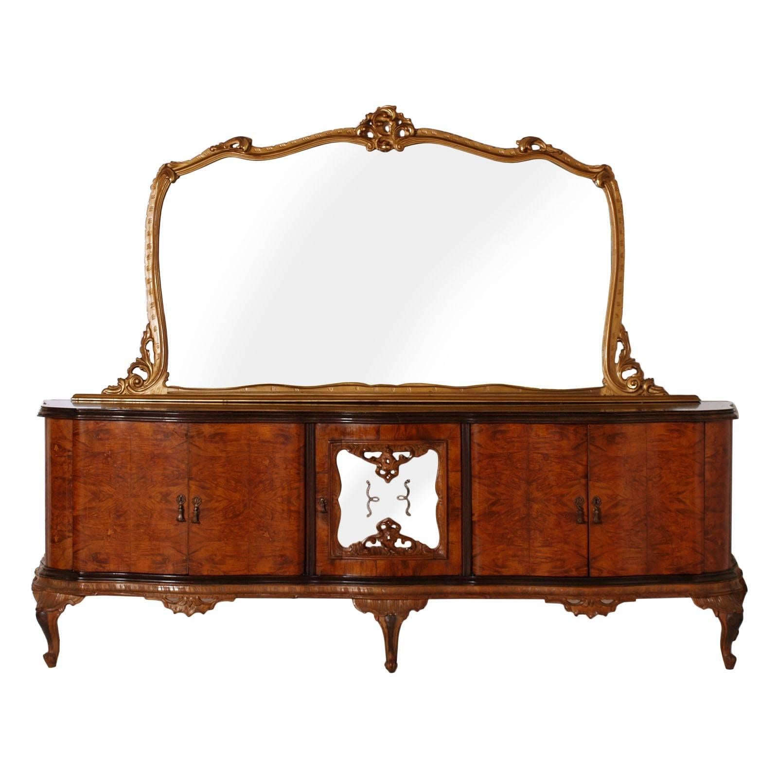 Large Venetian Baroque Chippendale Credenza with Dry Bar and Golden Leaf Mirror For Sale