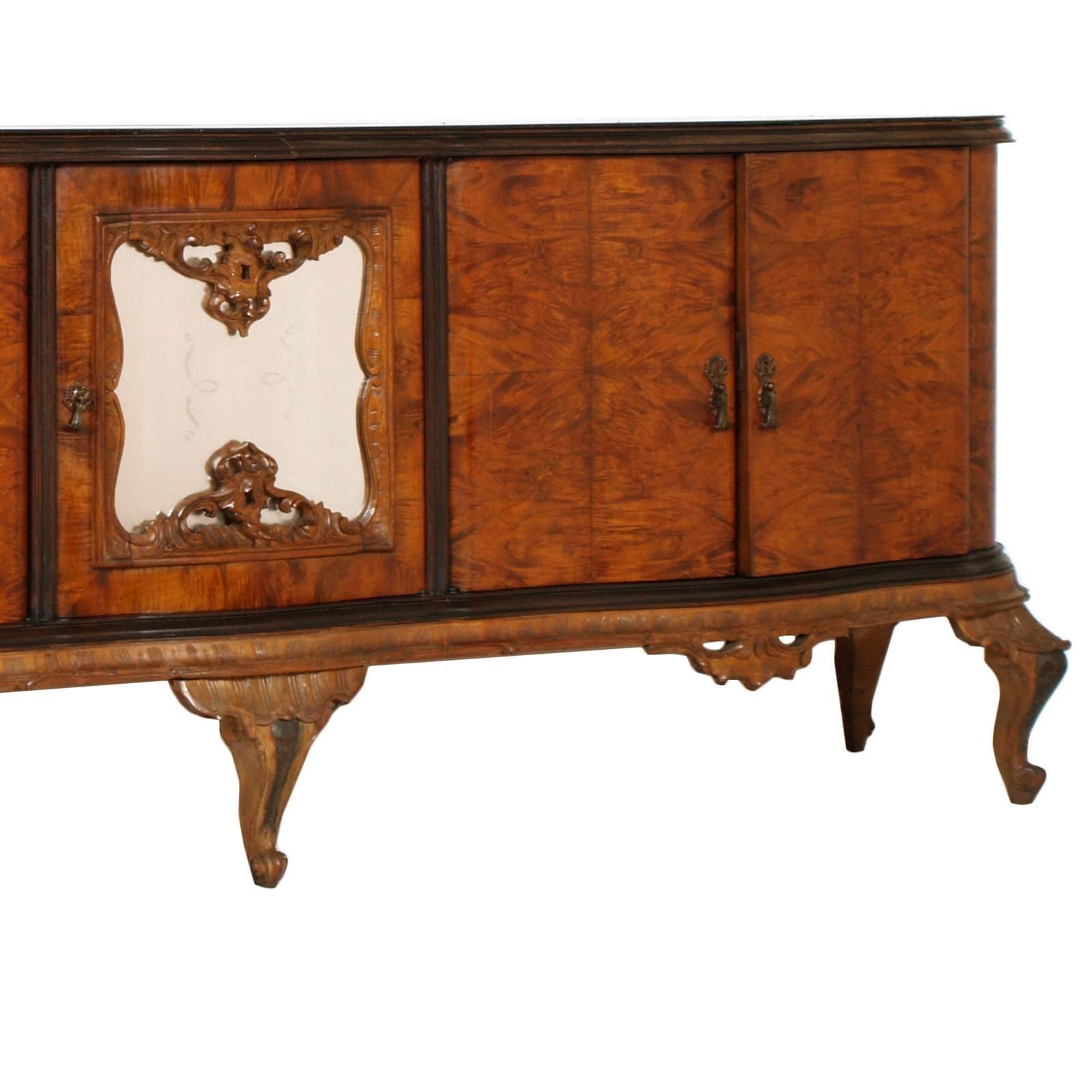 Italian Large Venetian Baroque Chippendale Credenza with Dry Bar and Golden Leaf Mirror For Sale
