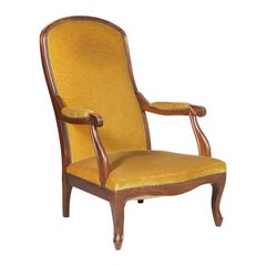 Early 20th Century, Italy Art Nouveau Armchair Hand-Carved Walnut, Yellow Velvet