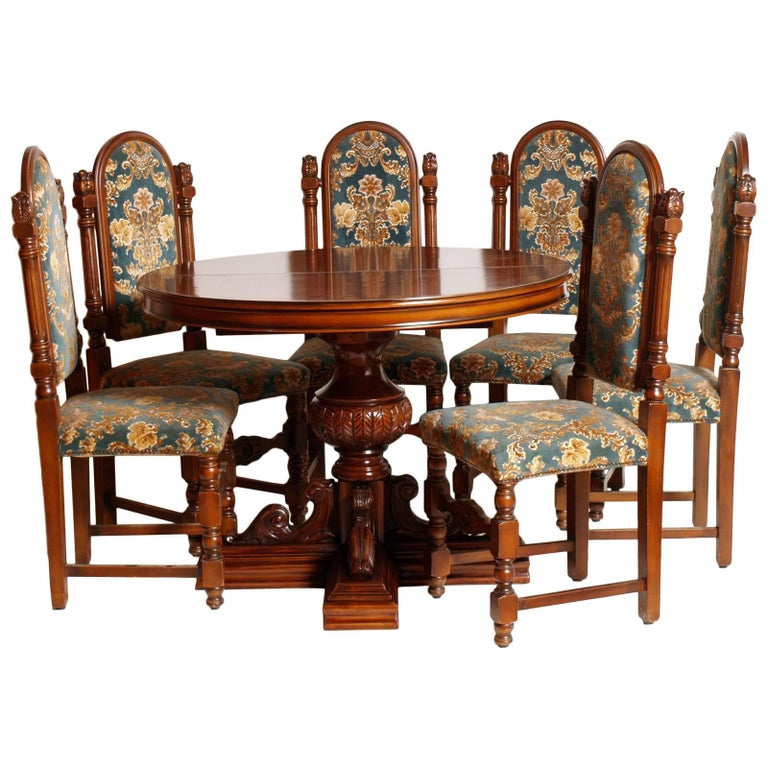 1920s Italian Renaissance Dining Room Set Carved Walnut Red 1920s Italian Renaissance Dining Room Set Carved Walnut Red Wax Polished For