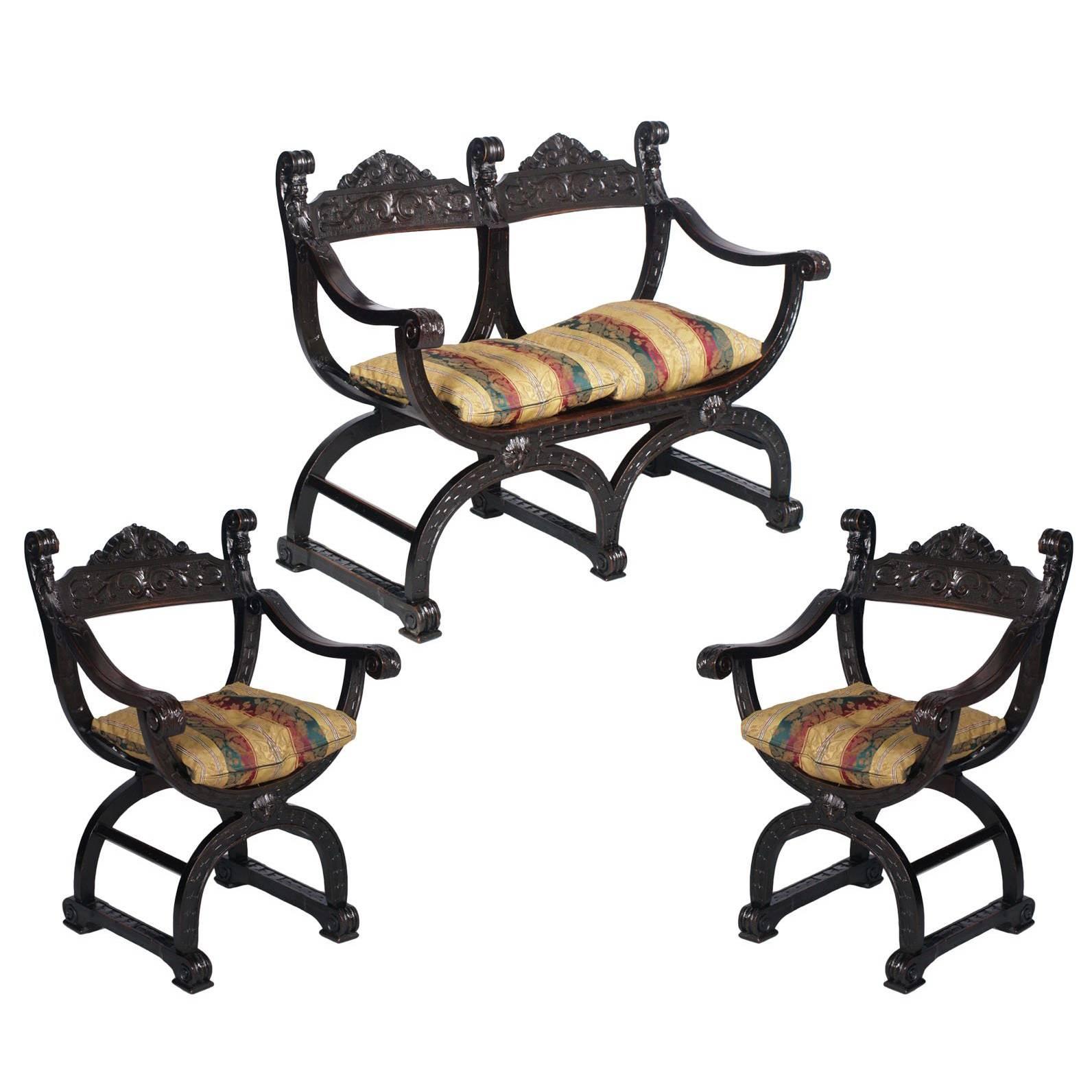 1800s Florentine Renaissance Sofa & Pair Dante Chairs  Carved ebonozed Walnut