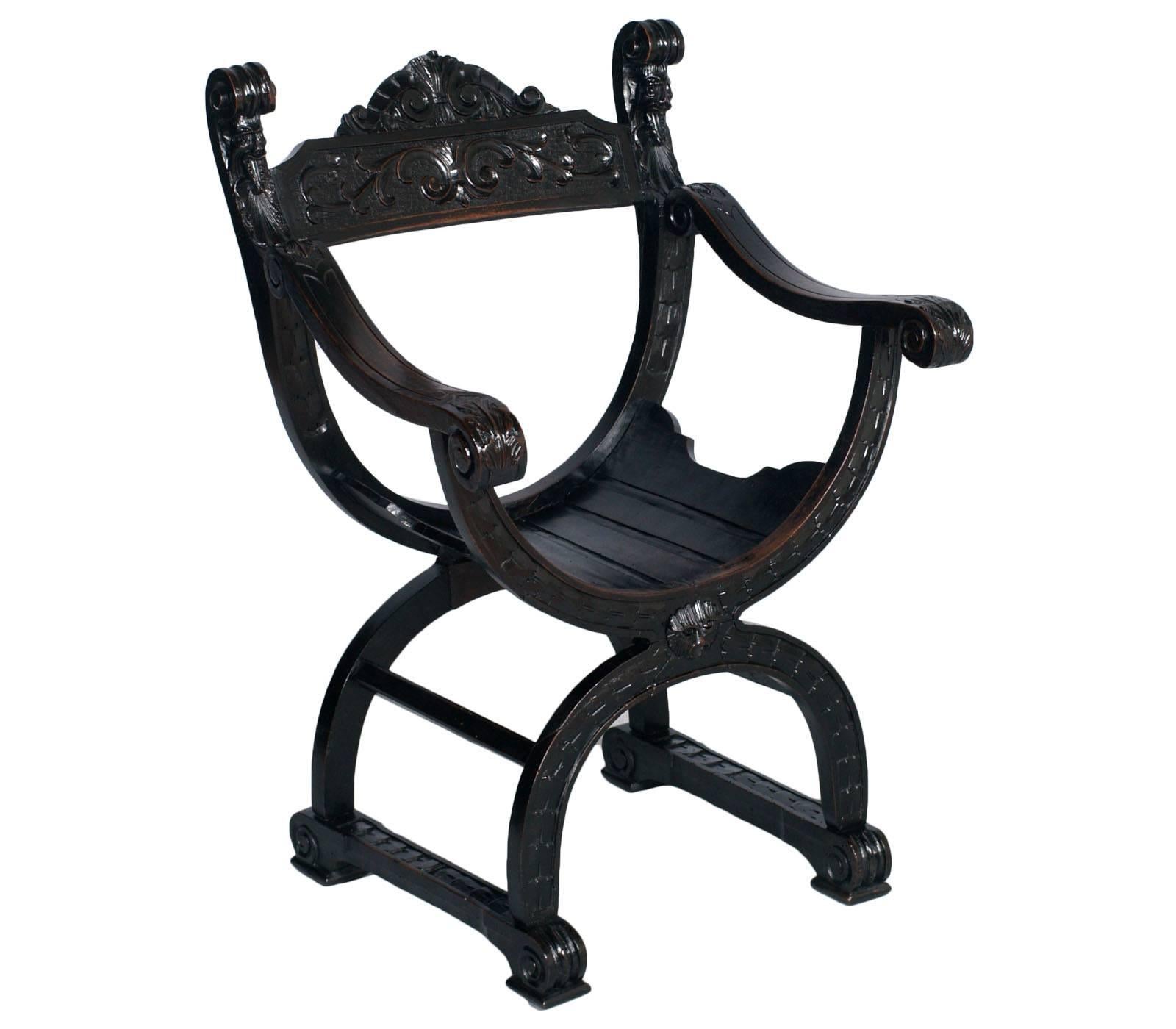 Italian 1800s Florentine Renaissance Sofa & Pair Dante Chairs  Carved ebonozed Walnut For Sale