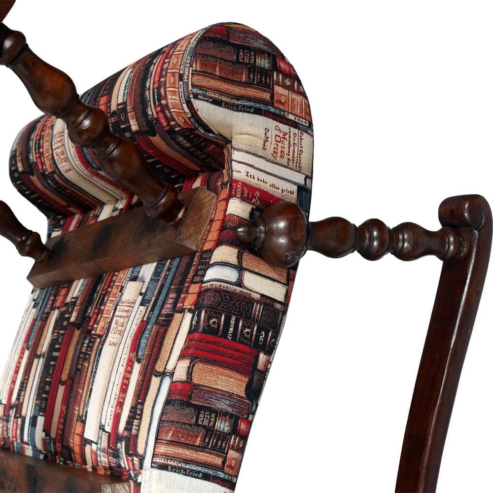 Art Nouveau Early 20th Century Italian Rocking Chair, Turned Walnut Restored New Upholstered