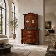 Habsburg Baroque Walnut, Maple, and Silver-Inlaid Cabinet-on-Chest, circa 1728