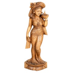 Rare Balinese Art Deco Sculpture, Woman with Offerings, 105 cm, Signed MAS BALI