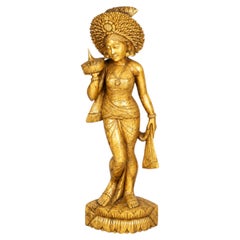 Early 20th Century Balinese Hand-Carved Gilt Hardwood Female Figure, 1900s
